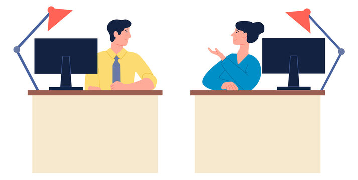 Colleagues talking at workplace. Office worker computer desks