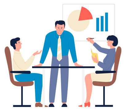 Bussiness meeting. Colleagues discussing financial statistics together