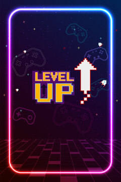 Level up. pixel art 8 bit. Retro Futurism Sci-Fi Background. glowing neon grid and stars from vintage arcade computer games. Vertical Backgrounds