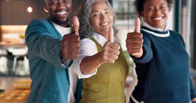 Thumbs up, teamwork and business people with smile, success and laugh for validation in office. Face, support and workers with like hand sign for guarantee, excellence gesture or yes for approval