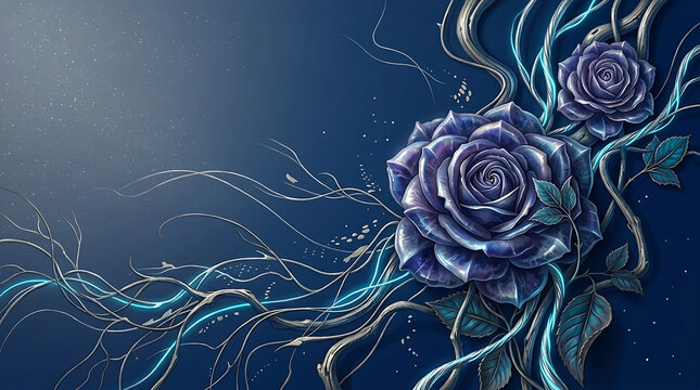 Stylized blue roses with glowing vines on a dark blue background