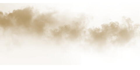 Obraz premium Dust sand soil smoke cloud particles isolated on transparent white background. Brown sandstorm smog sand dust explosion rising. Design elements for Compositing, covering, overlay, PNG