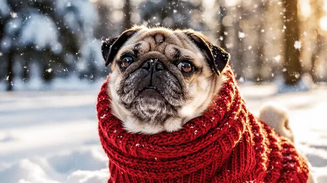 Adorable pug in a red knitted sweater sits in a snowy winter forest during golden hour with soft bokeh