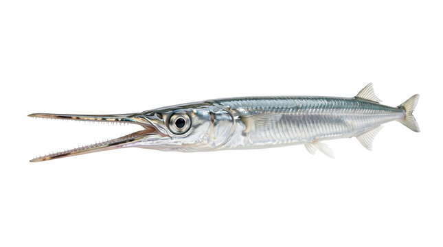 Fresh garfish with long needle-like beak on white background. Raw silver needlefish for culinary use. Whole sea garfish studio shot.