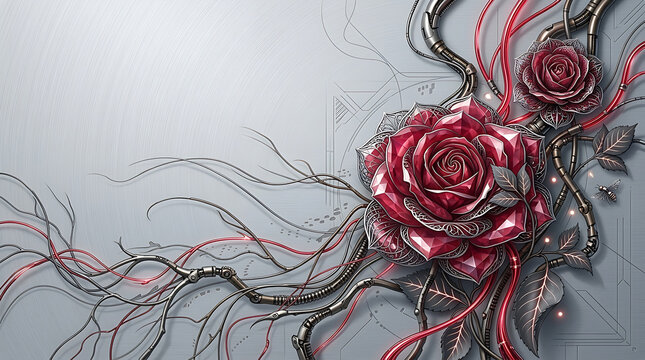 Red crystal roses with mechanical vines on a gray metallic background