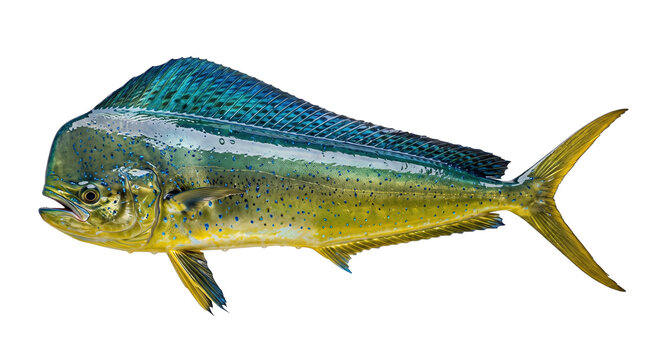 Vibrant mahi-mahi fish isolated on white background. Colorful dolphin fish with iridescent blue and yellow scales. Fresh saltwater game fish.
