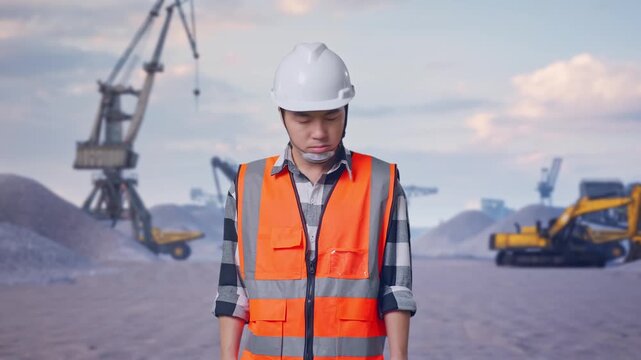 Asian Male Engineer With Safety Helmet Having A Headache While Working at Gravel Stockpile Yard with Cranes and Excavators