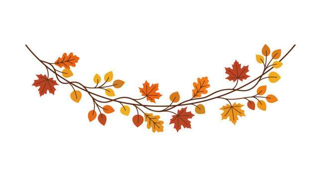 Autumn leaf garland vector, fall foliage vine border with maple and oak leaves, decorative seasonal botanical divider for thanksgiving