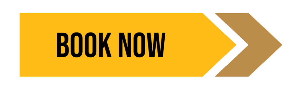 Yellow Book Now Web Button With Arrow Chevron Indicator. Isolated Vector Illustration On White Background