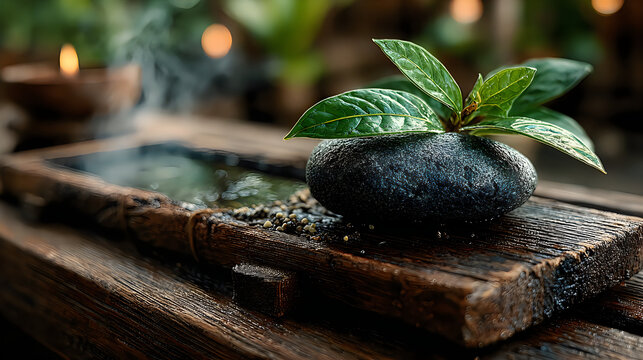 Serene spa stones lush green leaves natural wood peaceful wellness Images