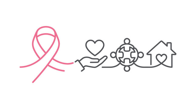 Breast cancer awareness concept featuring a pink ribbon, helping hand, and community icons.