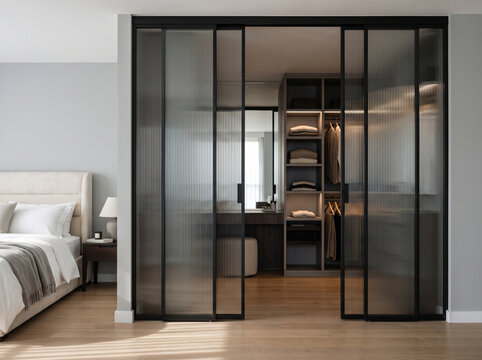Modern minimalist bedroom interior with sliding frosted glass doors leading to walk-in closet and dressing room