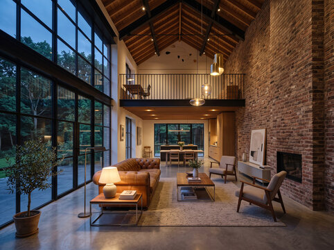 Modern luxury living room interior with high vaulted ceiling, exposed brick wall, leather sofa, mezzanine balcony, and large industrial windows overlooking forest view