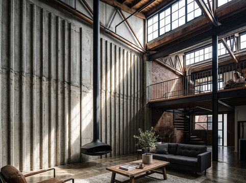 Modern industrial loft interior featuring concrete ribbed walls, a suspended black fireplace, mezzanine level, and large windows with natural sunlight