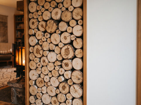 Modern fireplace wall with stacked firewood logs and white wall with copy space for interior design concept