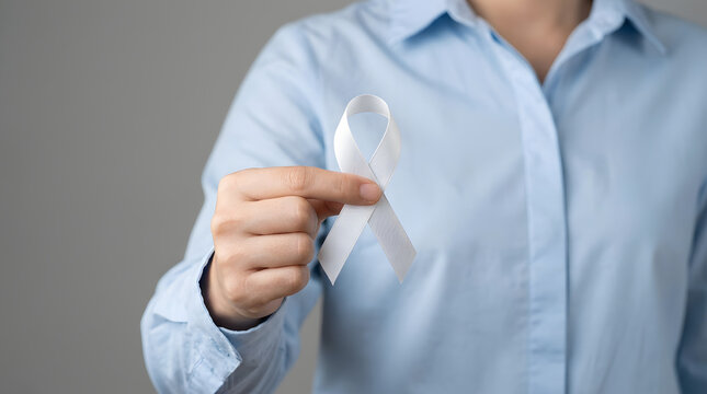 Person holding a white awareness ribbon to show support for a medical cause