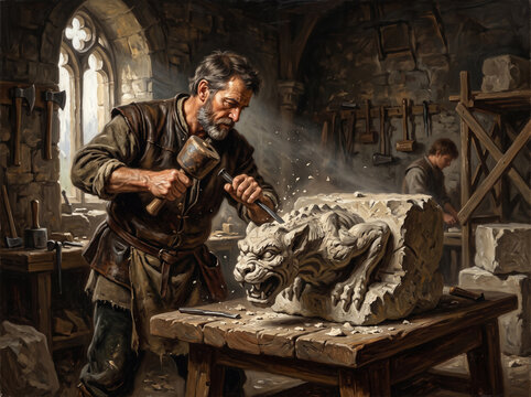 Medieval Stone Carver Sculpting a Gargoyle Monster from Block in Historic Workshop with Hammer and Chisel