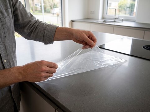 Hands of a man applying transparent protective film foil onto a sleek grey modern kitchen countertop island to prevent scratches and damage.