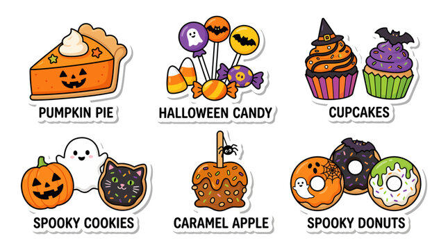 Cute Halloween treats sticker collection set featuring pumpkin pie, candy, cupcakes, spooky cookies, caramel apple, and donuts vector illustration