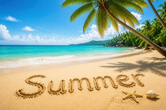 A beach scene shows the word summer written in sand. Palm trees tower above while waves gently lap the shore. The sky is bright and blue, creating a sunny atmosphere.