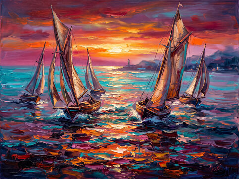 Impressionist oil painting of sailing boats on the sea during a vibrant sunset with warm glowing colors and dramatic brushstrokes, nautical art wallpaper