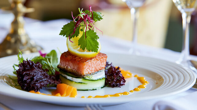 Plated gourmet salmon dish featuring a grilled fillet on a vegetable and cheese stack with fresh greens, ready for elegant dining