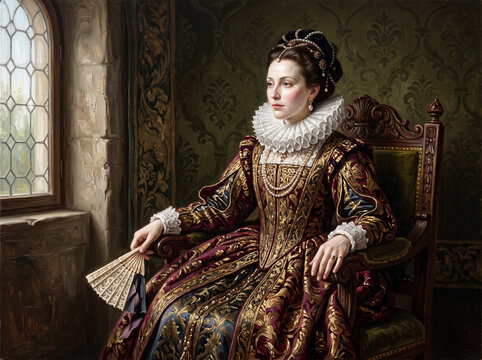 Historical oil painting portrait of a noble Renaissance woman in elaborate red and gold dress, ornate ruff collar, and intricate lacework sitting in a castle interior.