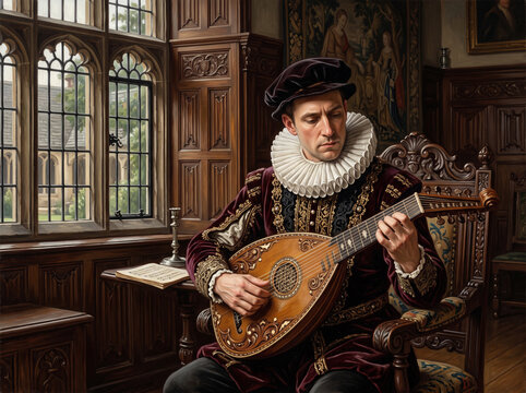 Historical Renaissance musician in velvet doublet and ruff collar playing lute in grand wood-paneled manor room near large windows