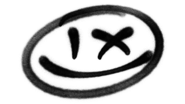 Graffiti spray paint dead smiley face doodle element with cross eyes isolated on white background. Hand drawn aerosol smile symbol for urban street art layout.