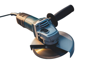 Electric angle grinder with rotating cutting disc and metal guard power tool side handle power cord.
