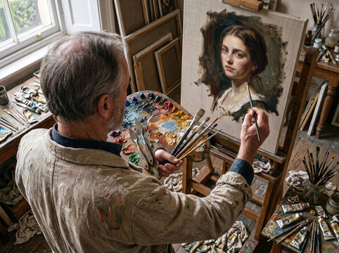 Experienced male painter working in art studio, creating an expressive oil portrait of a woman on canvas with a palette and brushes
