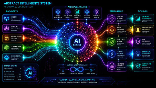 Artificial intelligence network diagram with glowing data flow, decision analysis, and connected system nodes for adaptive digital processing