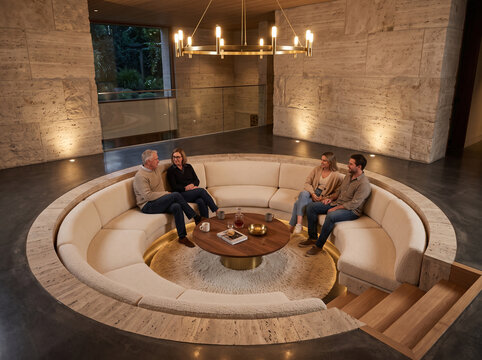 Diverse group of friends sitting together in a modern conversation pit with round sofa, warm lighting, and stone walls for lifestyle and interior design concepts
