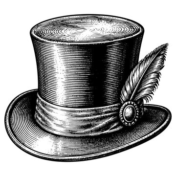 Vintage top hat vector illustration rendered in a detailed engraving style, featuring a decorative feather and jeweled brooch on white background.