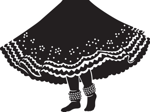 Black silhouette of a woman dancing in a traditional wide skirt with floral pattern and ankle accessories isolated on transparent background, Vector

