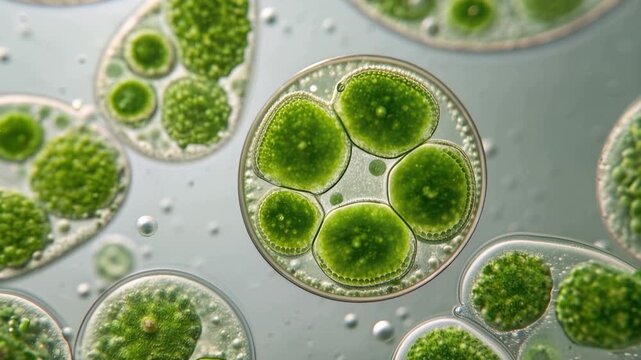 Green microalgae cells viewed through a microscope, intricate shapes and cellular structures visible on a glass slide, renewable biofuel research concept