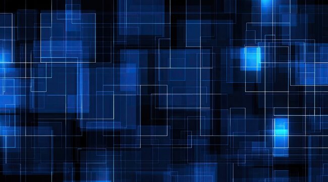 Abstract digital grid of glowing blue squares and lines on black