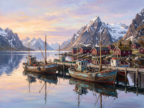 Scenic Norwegian fishing village with traditional red wooden rorbu cabins and wooden docks, moored fishing boats, and snow-capped mountains under a pastel sunset sky.