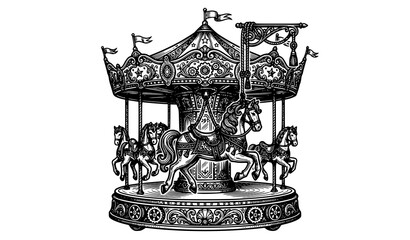 Intricate vintage style carousel with carved horses and decorative details merry go round line art © MDRAFIQ