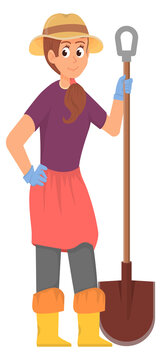 Woman gardening. Season work. Cartoon character with shovel