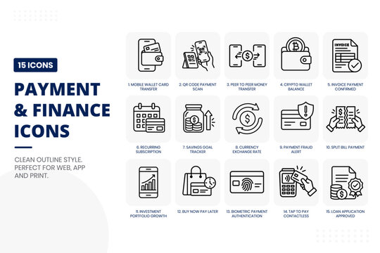 Payment and Finance Icon Set for Web and App Featuring Mobile Wallets, Crypto, Transfers and Security