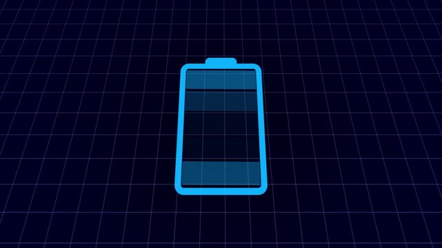 Futuristic battery charging animation. Digital electronic hi-tech HUD style charge level indications. Charging discharged battery to full charge.