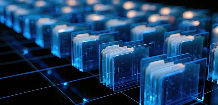 Glowing digital folders arranged in rows on a dark grid background
