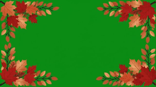 Autumn leaves green screen frame, fall foliage border animation, seasonal background overlay for video editing, Thanksgiving greeting card design and social media content creation.