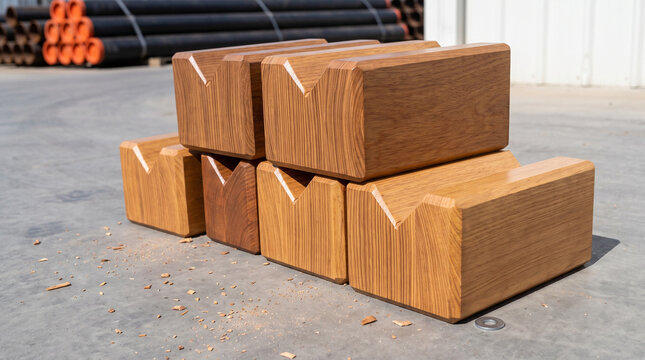Stacked hardwood pipe chock blocks with groove cuts at outdoor industrial yard with steel pipes behind