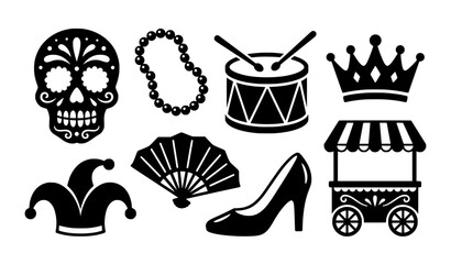 Fototapeta premium Carnival and Party Symbols Black and White Festival Icon Collection Vector Set