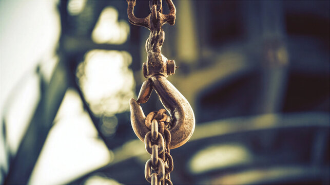 Rusty metal hook with chain hanging in industrial environment with blurred background