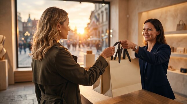 Shopper Accepting Premium Paper Bags from Retail Assistant in Luxury Boutique