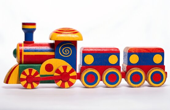 Colorful wooden toy steam engine train with two wagons children toy set