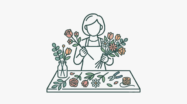 Florist arranging colorful bouquet on worktable.